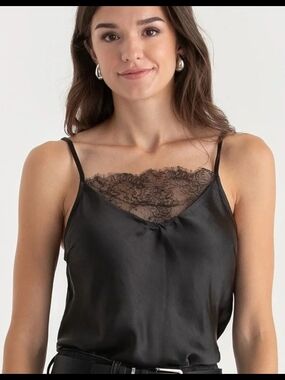 NWOT Ricki's Black Satin Cami with Lace trim Back & front Medium